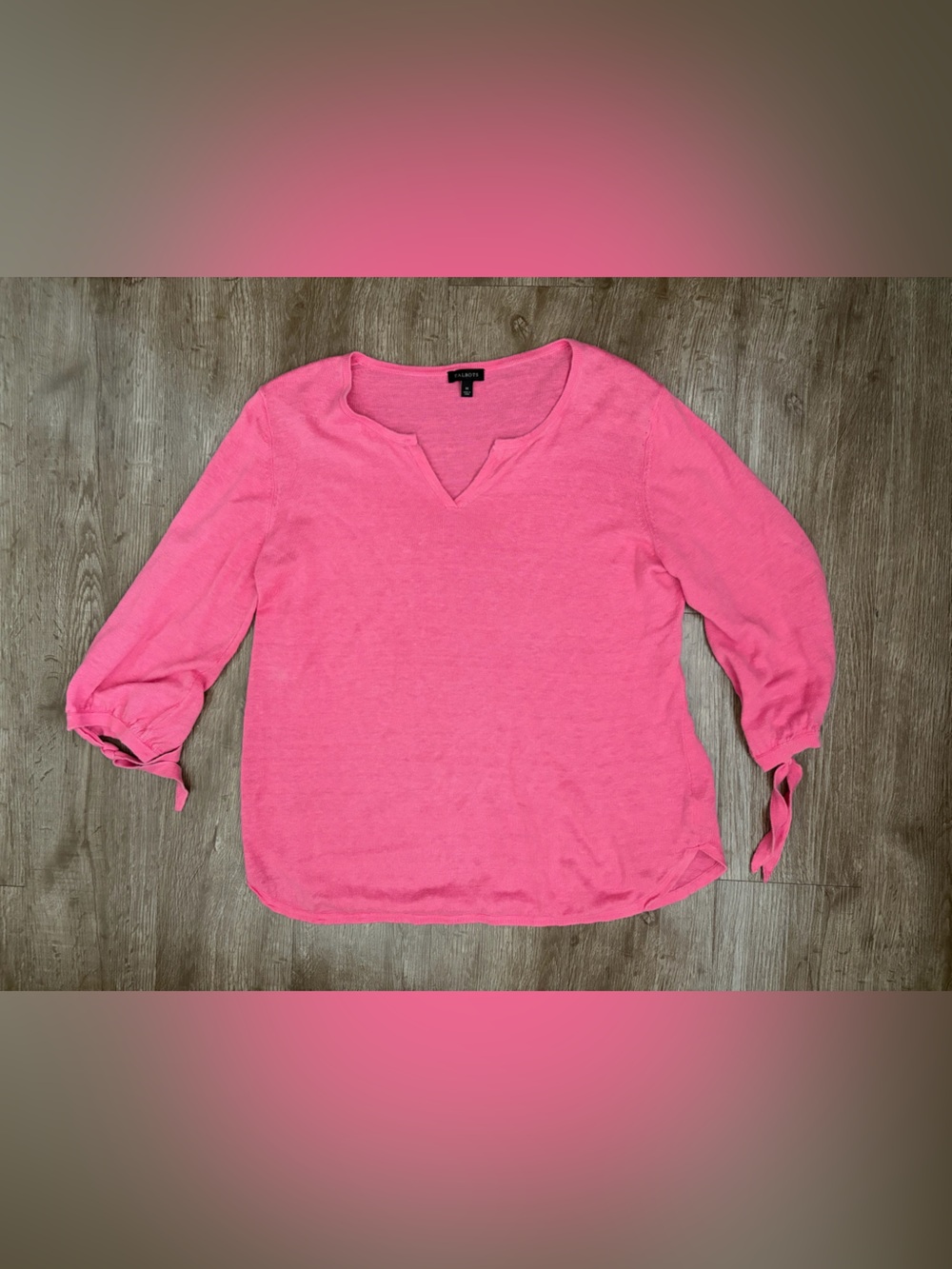 Talbots 100% Linen Sweater Pink Split V Neck Tie Cuff 3/4 Sleeve Medium